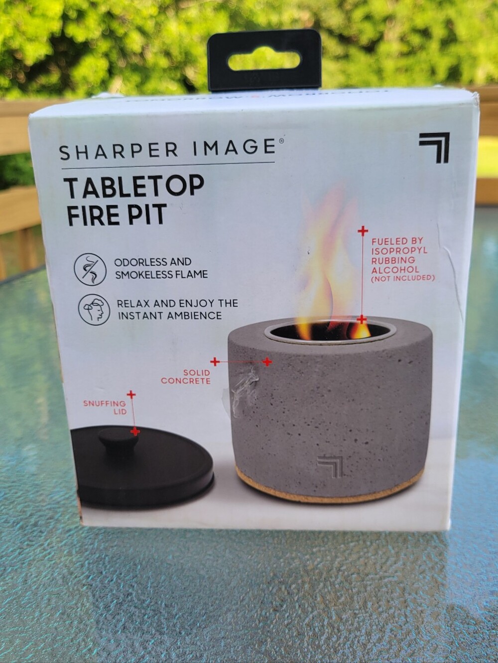 Brand New Sharper Image Gray Concrete Tabletop Fire Pit with Black Lid